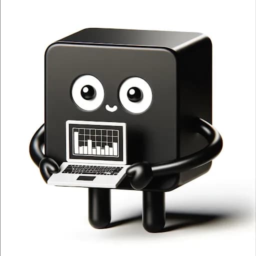 Illustration of a black cube-shaped AI agent, holding a laptop displaying a graph.